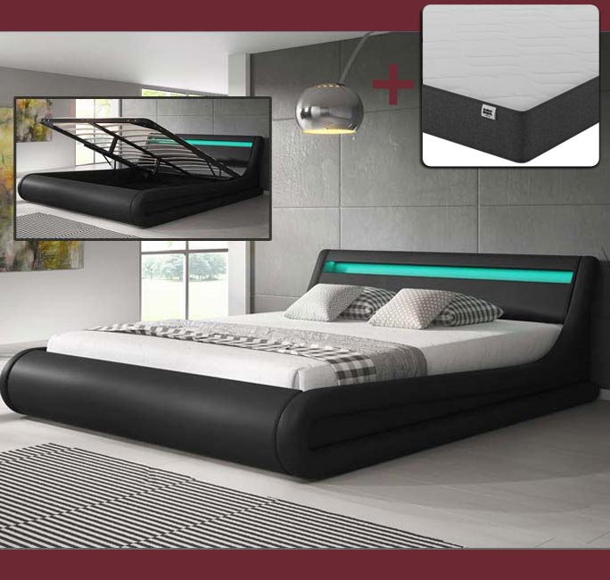 Cama Hidráulica com Arrumação "Patricia" - 140x190cm - Estrado e Colchão Incluídos - Cor Preto