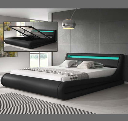 Cama Hidráulica com Arrumação "Patricia" - 140x190 cm - Preto - Polipele PU - Somier Incluído - Design Moderno