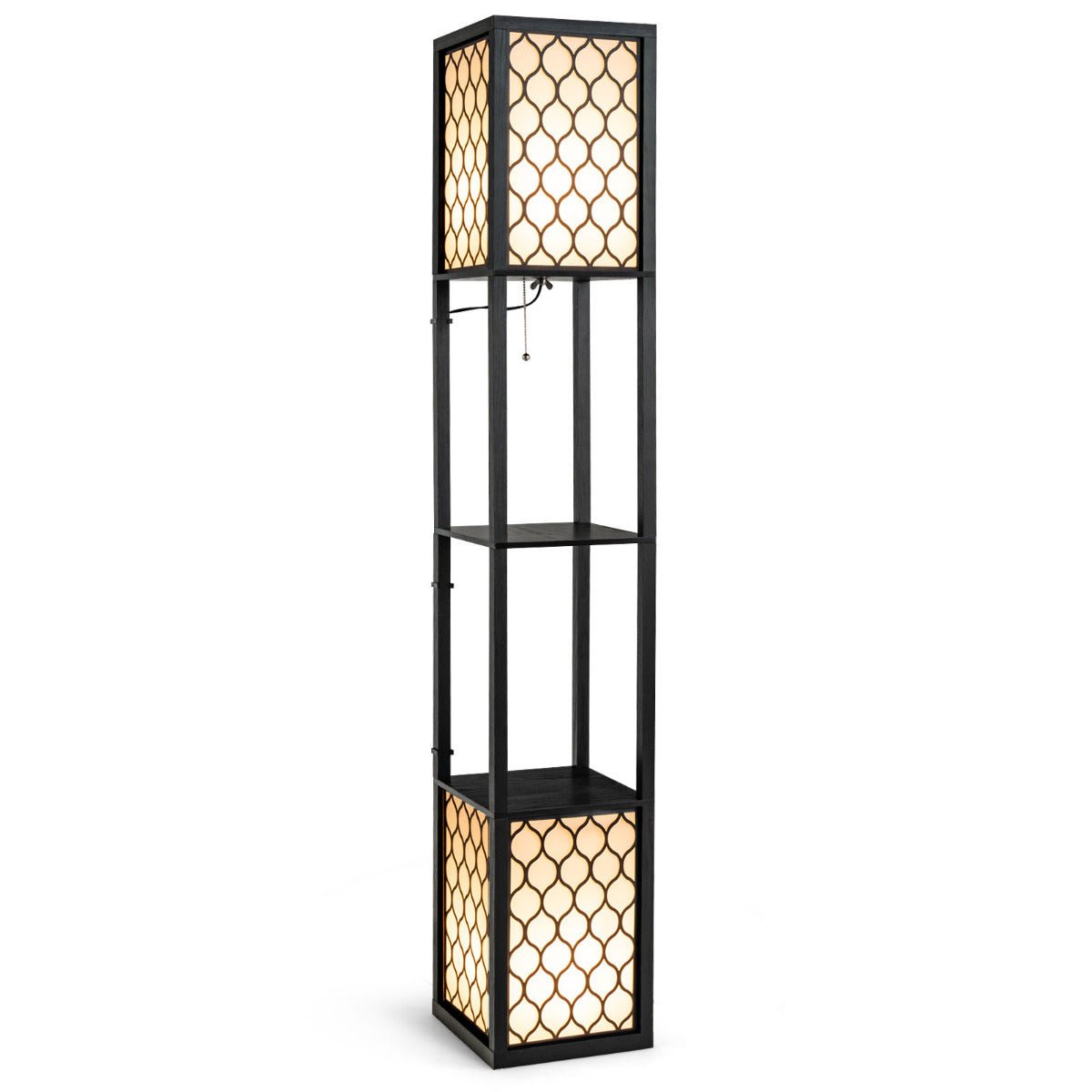 Candeeiro de Pé com Estantes "Lumora" - 26 x 26 x 156 cm - Preto e Branco | Dupla Iluminação e 2 Prateleiras - A minha loja