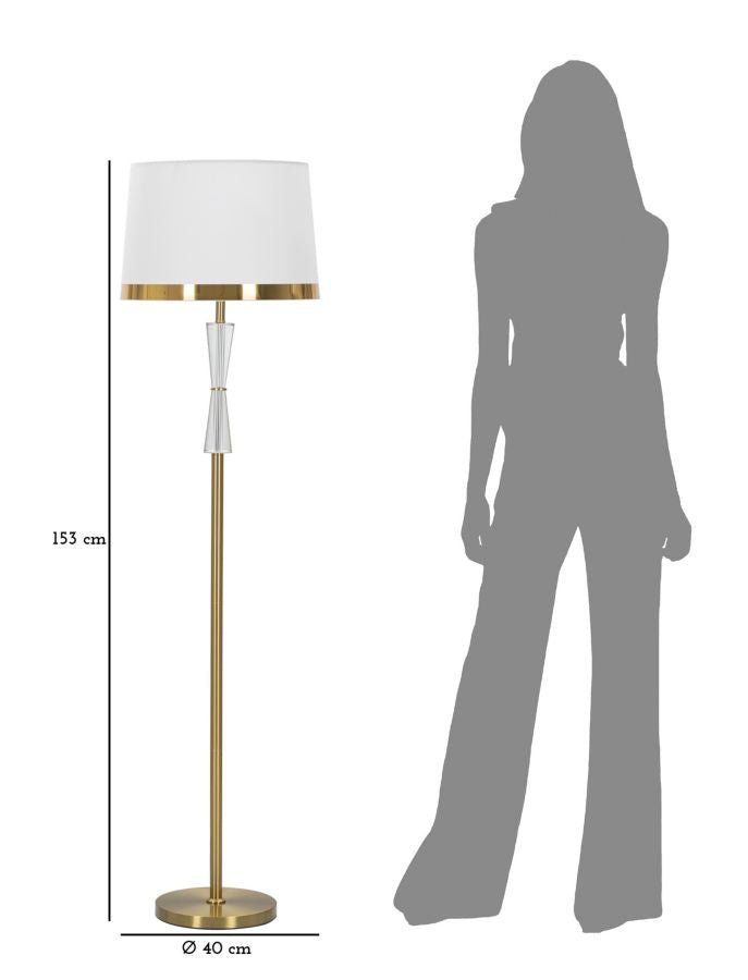 Candeeiro de Pé "Cristal" — Ø 40x153 cm — Ferro Dourado, Vidro Transparente e Abat - jour Branco com Borda Dourada - A minha loja