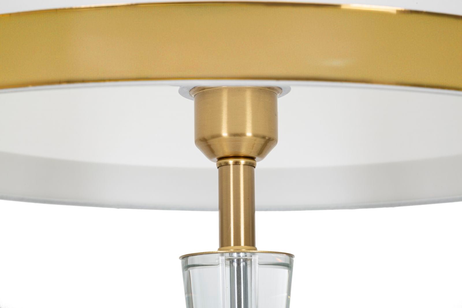 Candeeiro de Pé "Cristal" — Ø 40x153 cm — Ferro Dourado, Vidro Transparente e Abat - jour Branco com Borda Dourada - A minha loja
