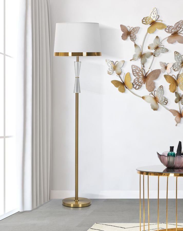Candeeiro de Pé "Cristal" — Ø 40x153 cm — Ferro Dourado, Vidro Transparente e Abat - jour Branco com Borda Dourada - A minha loja