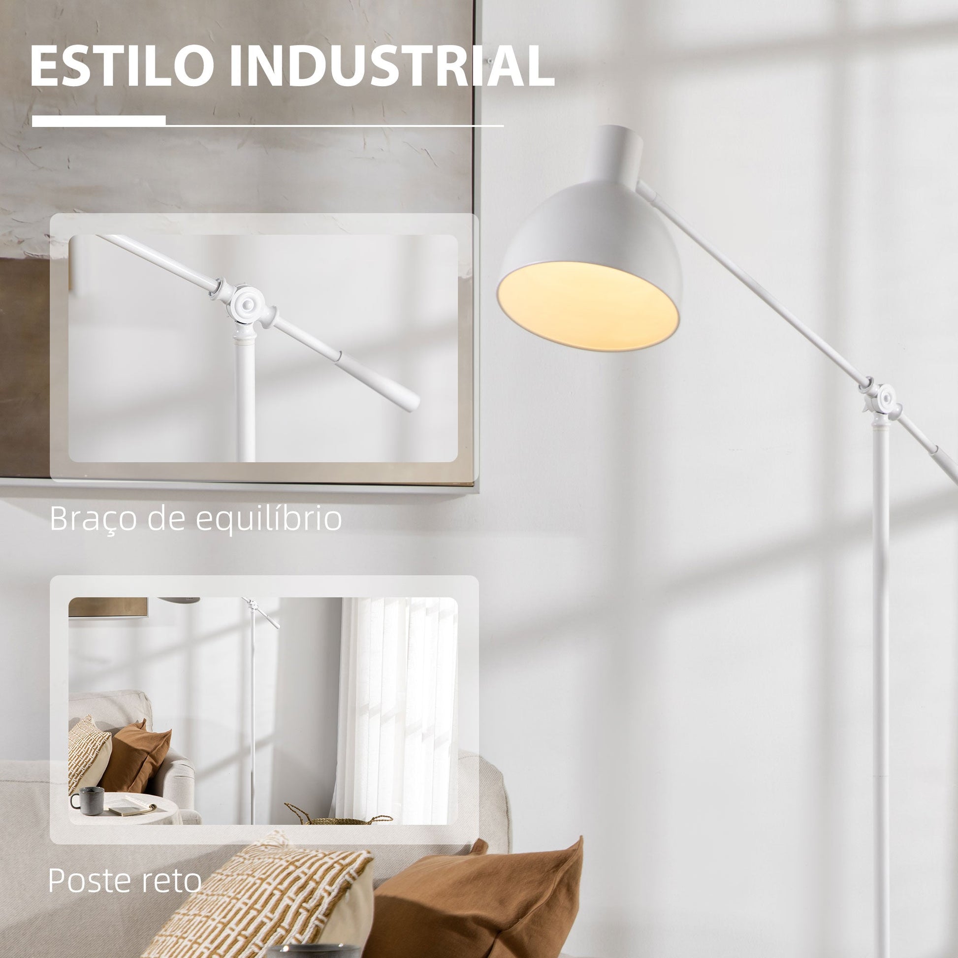 Candeeiro de Pé Estilo Industrial Lâmpada E27 Máx. 40W Candeeiro de Pé com Mastro Flexível Ecrã Giratório 90° para Dormitório Escritório Ø30x131 - 155cm Branco - A minha loja