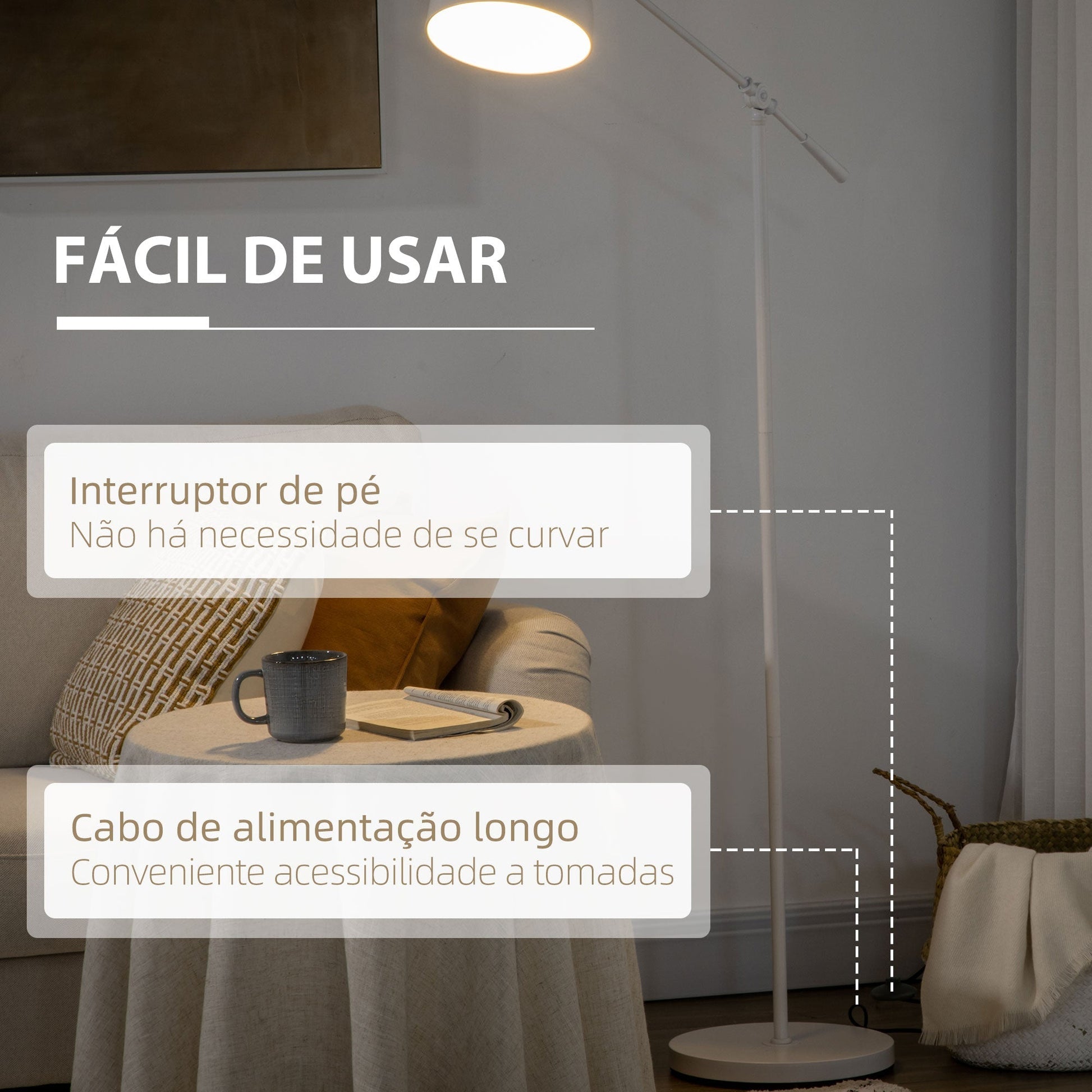 Candeeiro de Pé Estilo Industrial Lâmpada E27 Máx. 40W Candeeiro de Pé com Mastro Flexível Ecrã Giratório 90° para Dormitório Escritório Ø30x131 - 155cm Branco - A minha loja