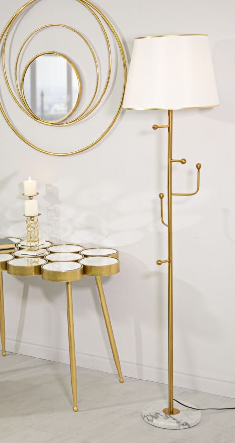 "Candeeiro de Pé Glam - Metal Dourado com Base em Mármore e Abajur Branco - 173 cm - 5 Ganchos" - A minha loja