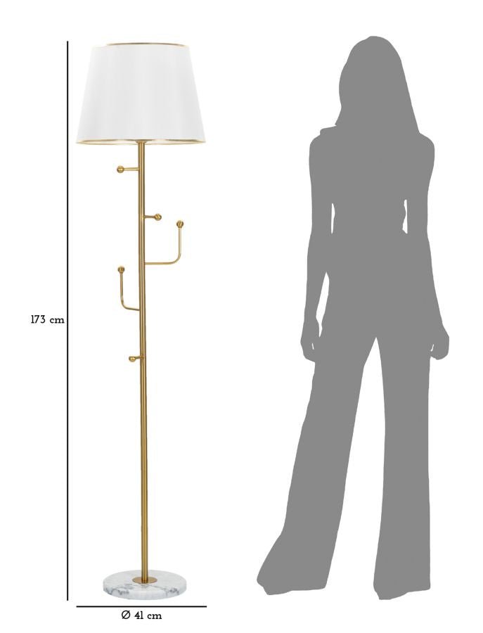 "Candeeiro de Pé Glam - Metal Dourado com Base em Mármore e Abajur Branco - 173 cm - 5 Ganchos" - A minha loja