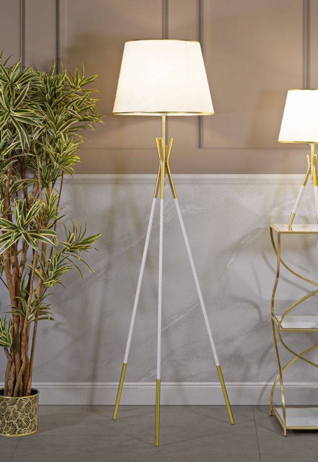 Candeeiro de Pé "Triply" — Ø 61x154 cm — Ferro Branco e Dourado com Abat - jour Branco e Borda Dourada - A minha loja