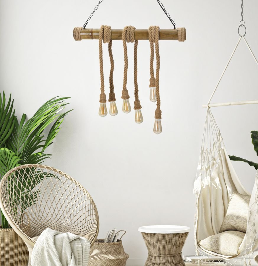 "Candeeiro de Teto Boho Chic - Metal, Bambu e Corda - 120 cm - 6 Pontos de Luz" - A minha loja