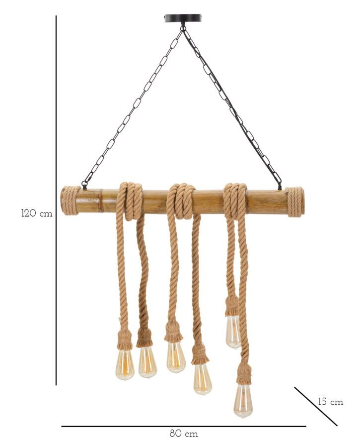 "Candeeiro de Teto Boho Chic - Metal, Bambu e Corda - 120 cm - 6 Pontos de Luz" - A minha loja
