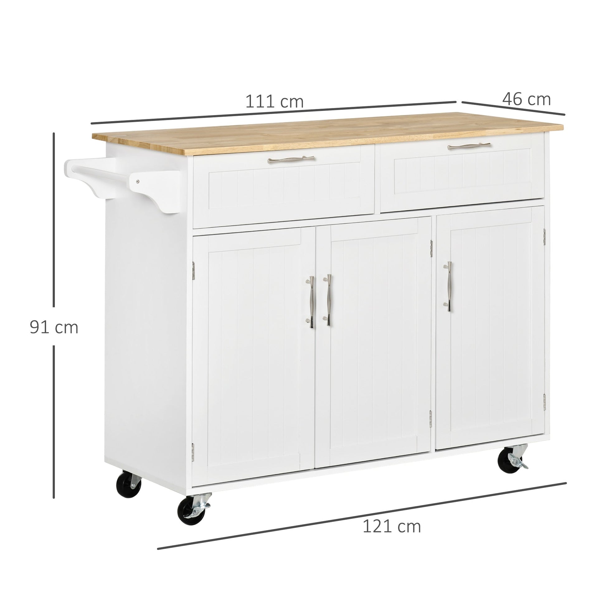 Carrinho/Ilha de Cozinha "Gourmet" com Rodas – 121x46x91 cm – Branco e Madeira - A minha loja