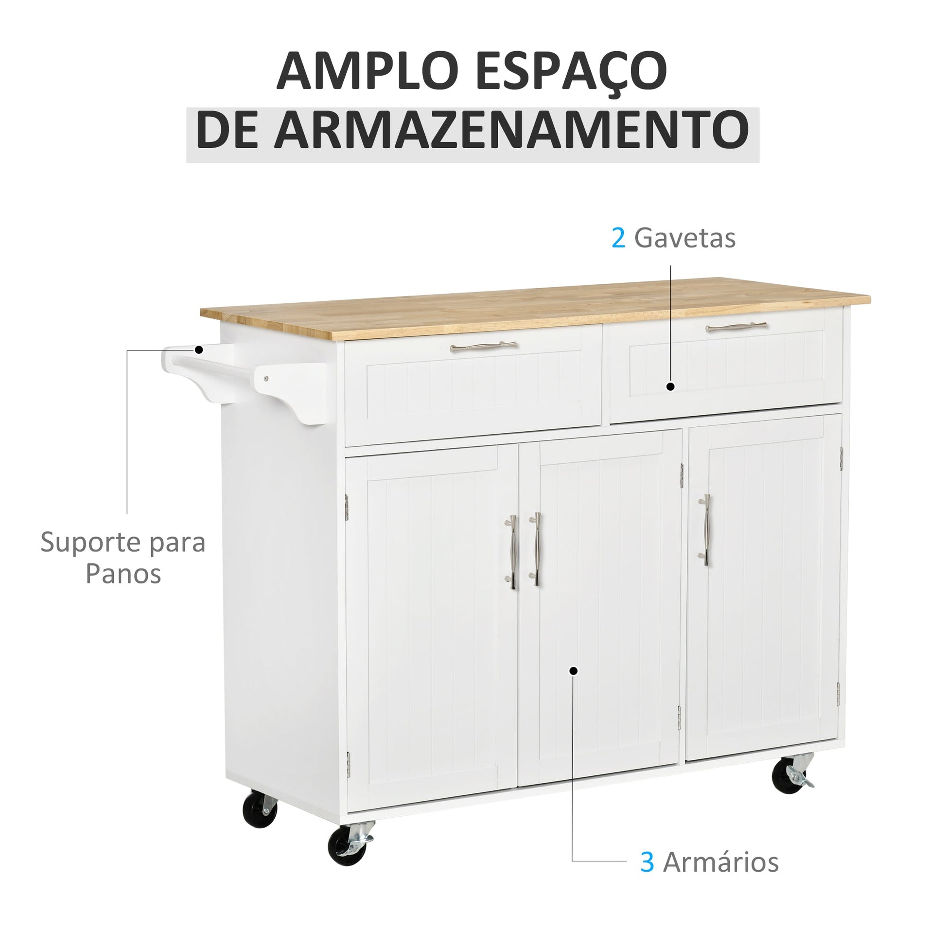 Carrinho/Ilha de Cozinha "Gourmet" com Rodas – 121x46x91 cm – Branco e Madeira - A minha loja