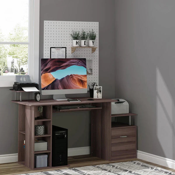 Mesa para Computador 120cm Secretária para Escritório com Múltiplas Prateleiras Gavetas Bandeja de Teclado Suporte para Monitor Impressora e CPU 152x60x88cm Marrom