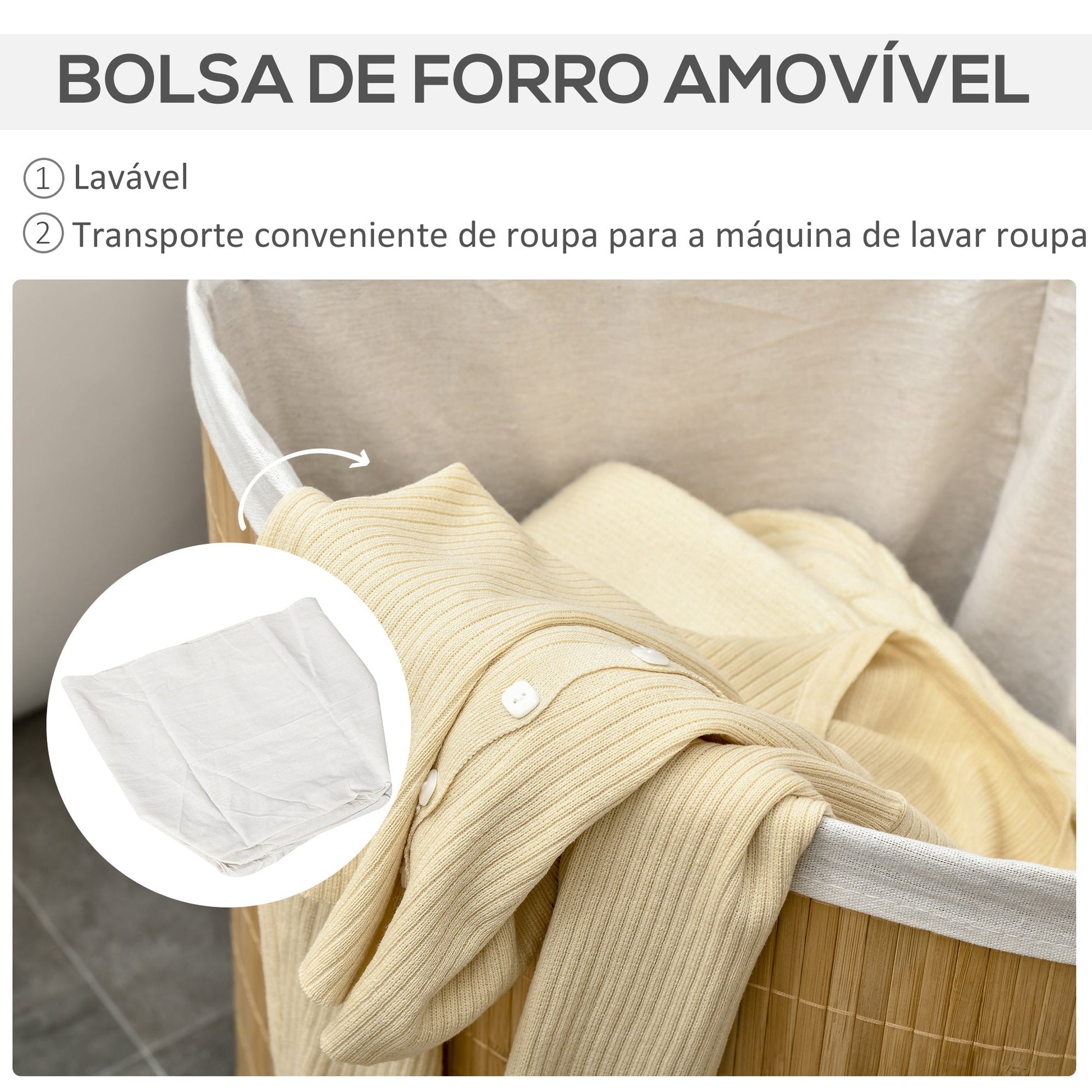 Cesto de Roupa de Bambu Capacidade de 55L Cesto para Roupa Suja em Forma de Leque com Tampa e Bolsa Amovível 38x38x57cm Madeira - A minha loja
