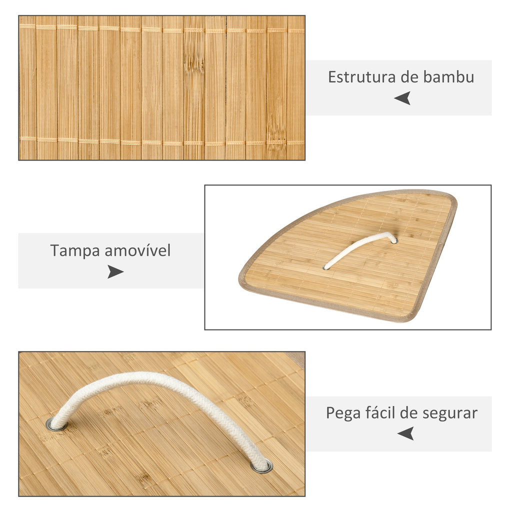 Cesto de Roupa de Bambu Capacidade de 55L Cesto para Roupa Suja em Forma de Leque com Tampa e Bolsa Amovível 38x38x57cm Madeira - A minha loja