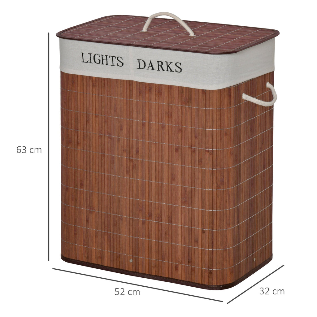 Cesto para Roupa Suja de Bambú Capacidade de 100L Cesta para Roupa Suja Retangular com Tampa Removível Bolsa com 2 Compartimentos 52x32x63cm Marrom - A minha loja