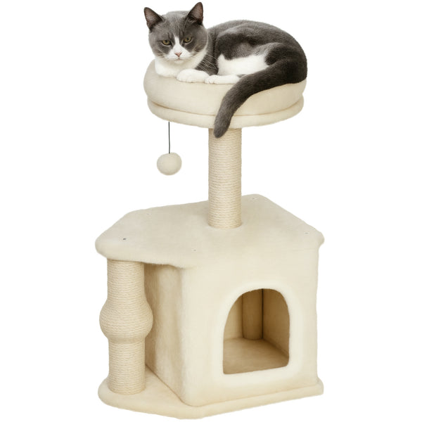 PawHut Arranhador para Gatos Altura 66 cm Arranhador para Gatos com Cama Caverna Plataforma Bola Suspensa e Poste de Juta 42x30x66 cm Marrom