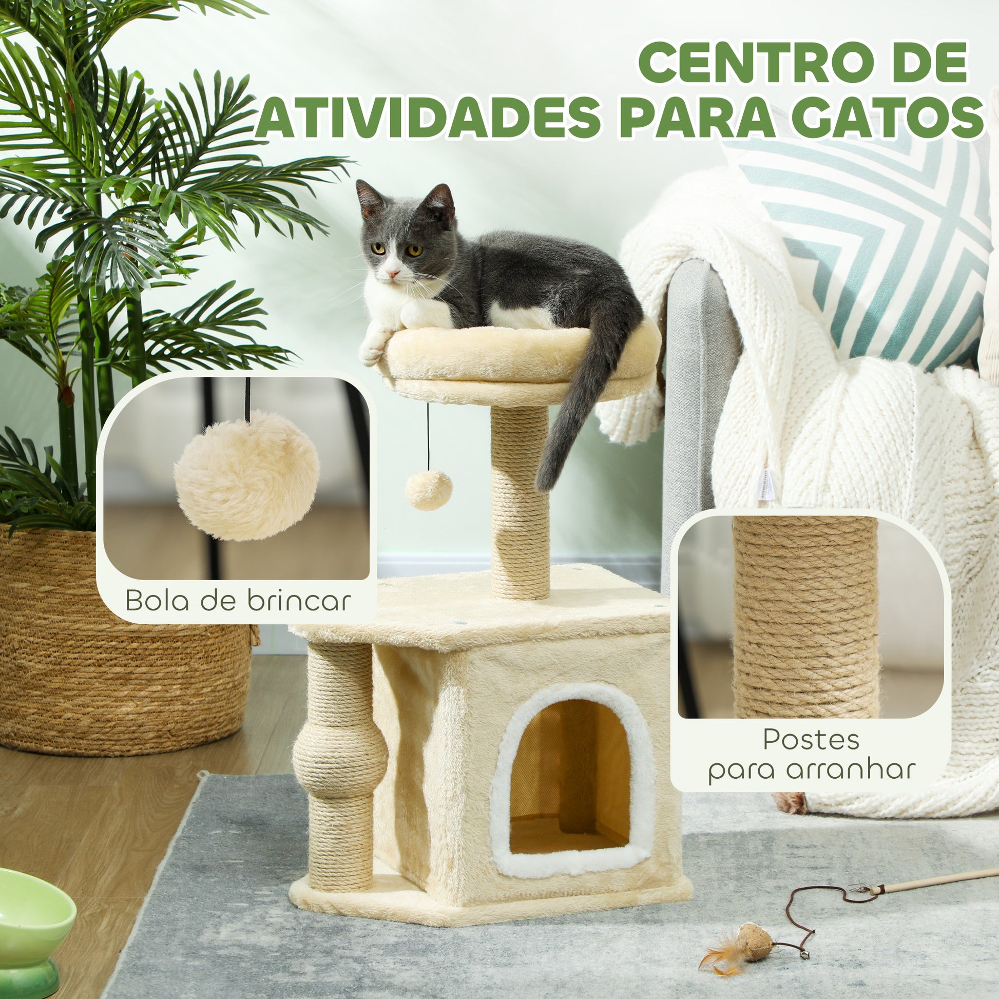 PawHut Arranhador para Gatos Altura 66 cm Arranhador para Gatos com Cama Caverna Plataforma Bola Suspensa e Poste de Juta 42x30x66 cm Marrom