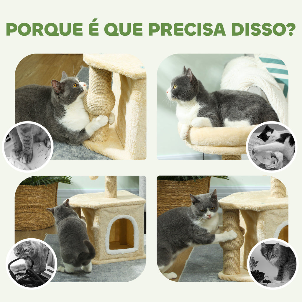 PawHut Arranhador para Gatos Altura 66 cm Arranhador para Gatos com Cama Caverna Plataforma Bola Suspensa e Poste de Juta 42x30x66 cm Marrom