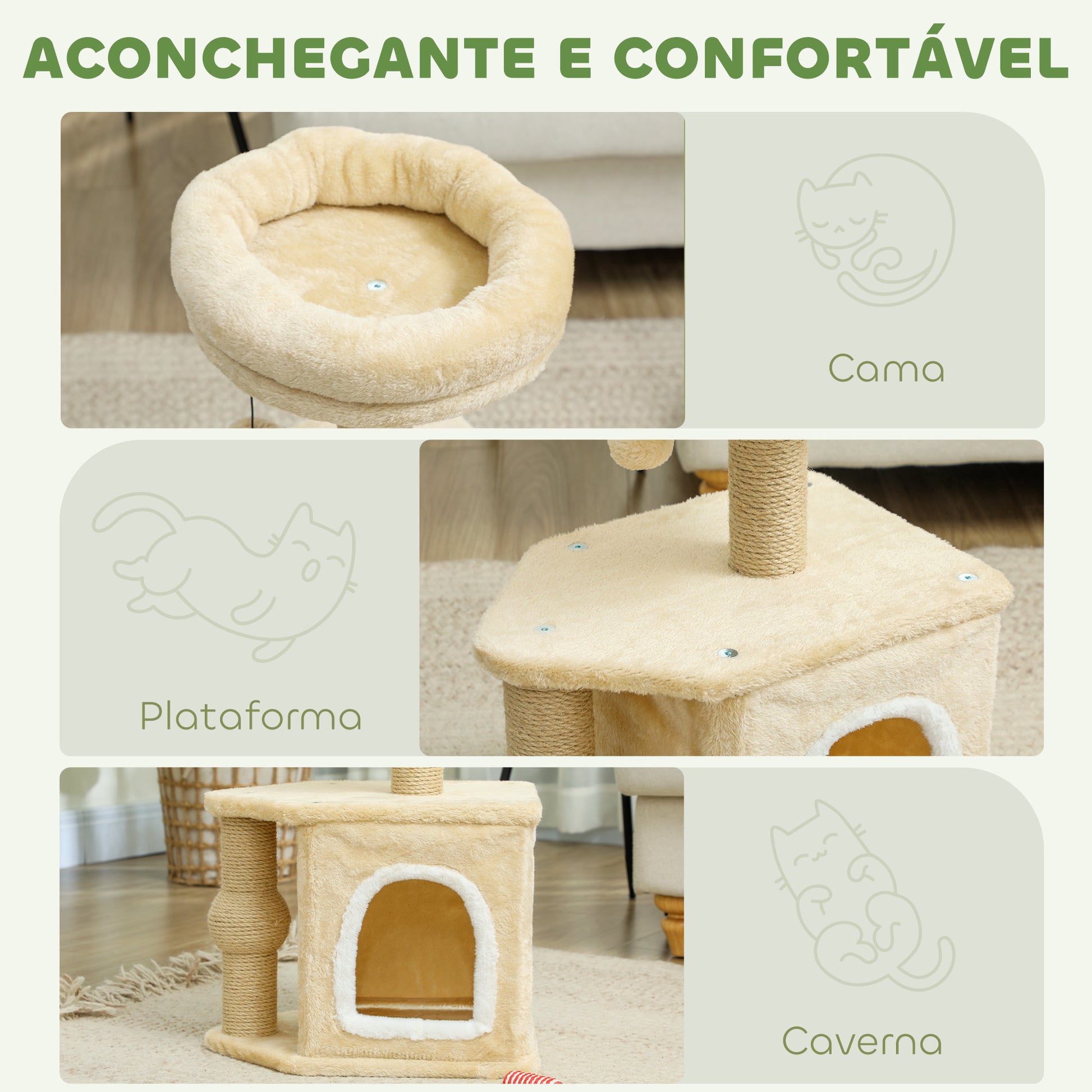 PawHut Arranhador para Gatos Altura 66 cm Arranhador para Gatos com Cama Caverna Plataforma Bola Suspensa e Poste de Juta 42x30x66 cm Marrom