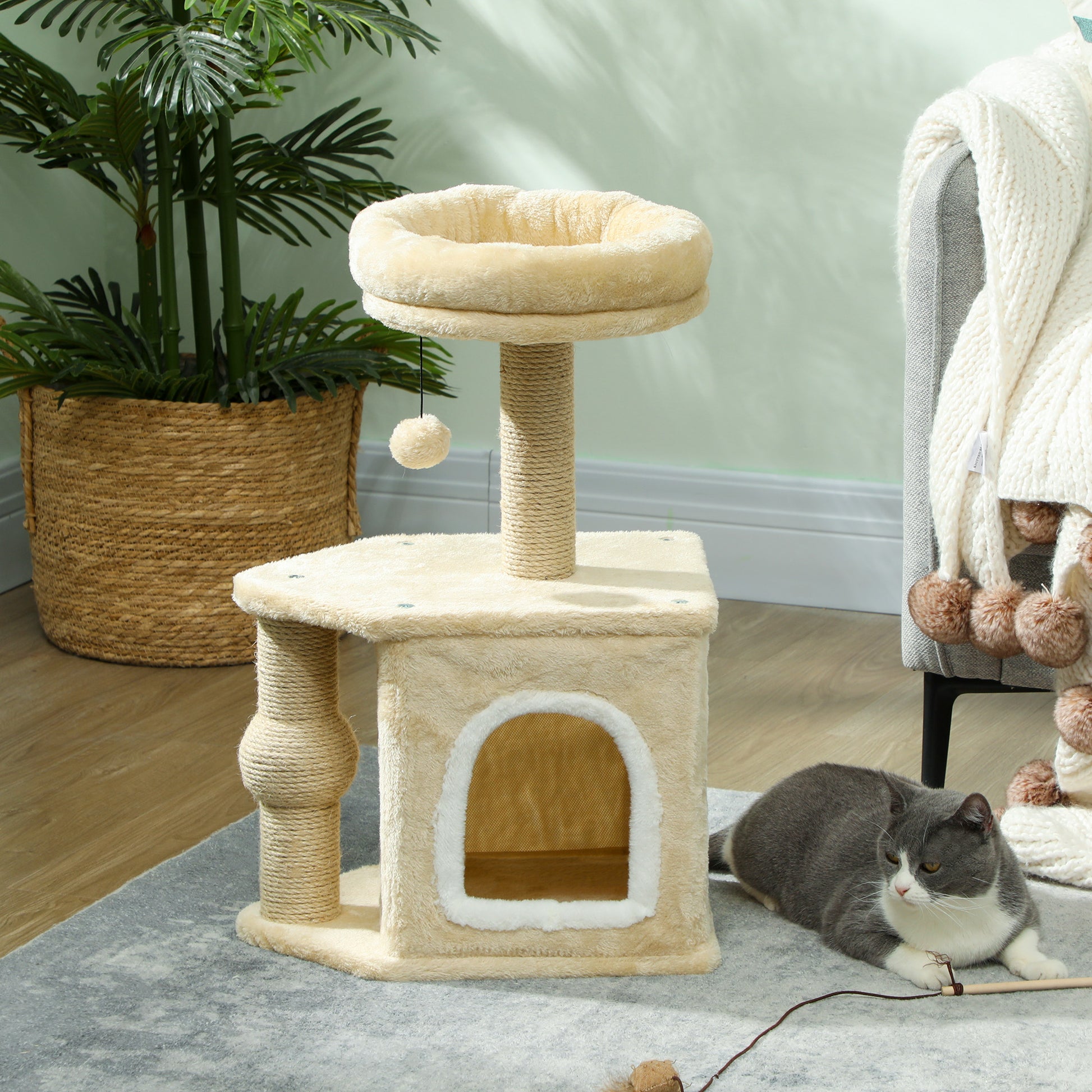 PawHut Arranhador para Gatos Altura 66 cm Arranhador para Gatos com Cama Caverna Plataforma Bola Suspensa e Poste de Juta 42x30x66 cm Marrom
