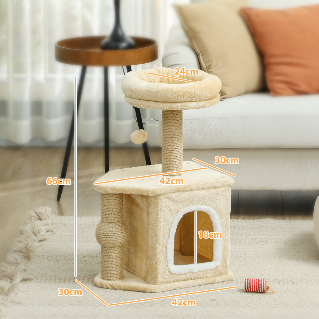 PawHut Arranhador para Gatos Altura 66 cm Arranhador para Gatos com Cama Caverna Plataforma Bola Suspensa e Poste de Juta 42x30x66 cm Marrom
