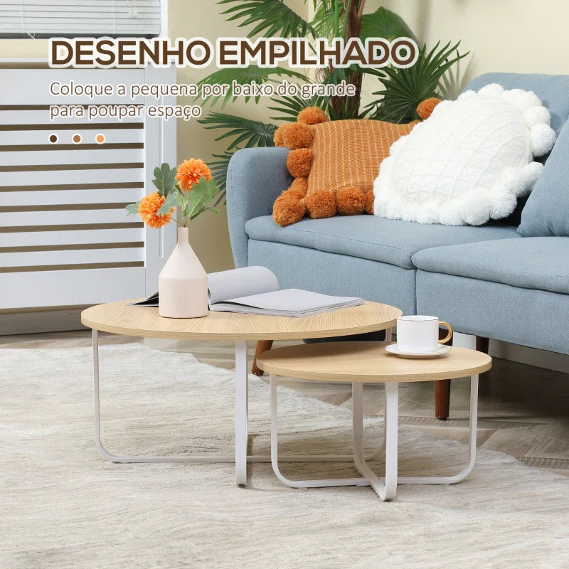 Conjunto de 2 Mesas de Centro Ø65x32cm e Ø45x26cm Mesas de Sala de Estar Redondas com Bancada de Madeira e Pés de Metal para Dormitório Madeira e Branco