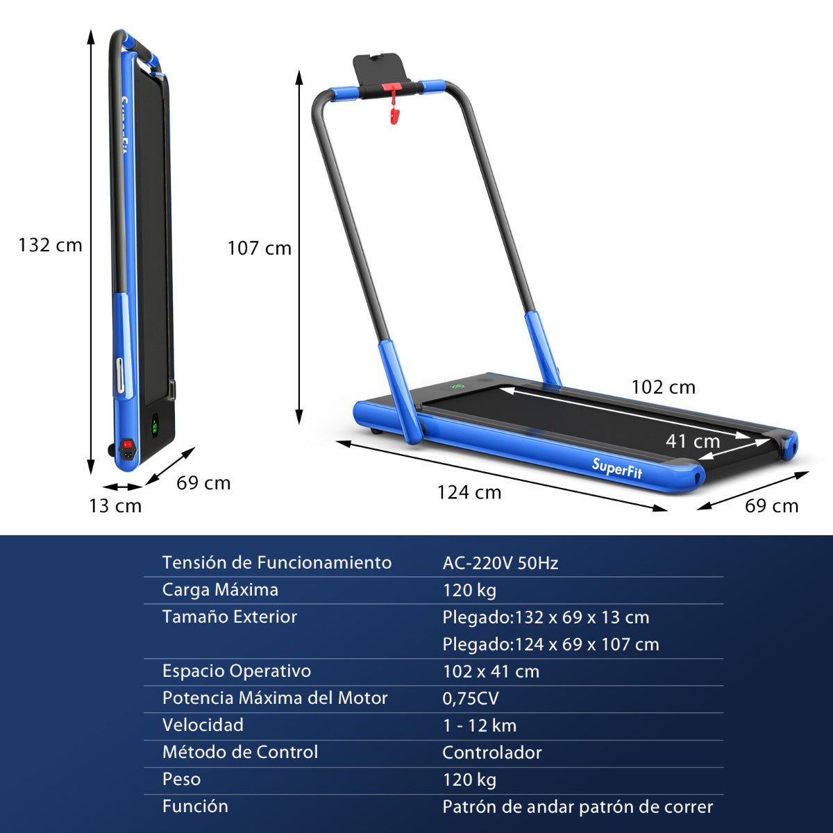 Passadeira Eléctrica Dobrável 2 em 1 Funchal com App e Comando – 124x69x107 cm – Azul e Preto – Para Casa, Escritório ou Ginásio
