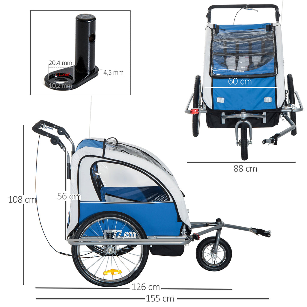Reboque de Bicicleta para Crianças com 2 lugares e Roda 360º com Acoplamento Universal - Cinzento e Azul