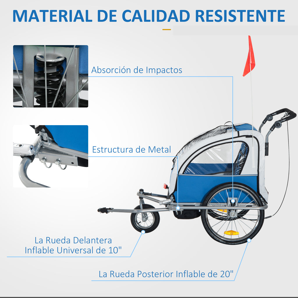 Reboque de Bicicleta para Crianças com 2 lugares e Roda 360º com Acoplamento Universal - Cinzento e Azul