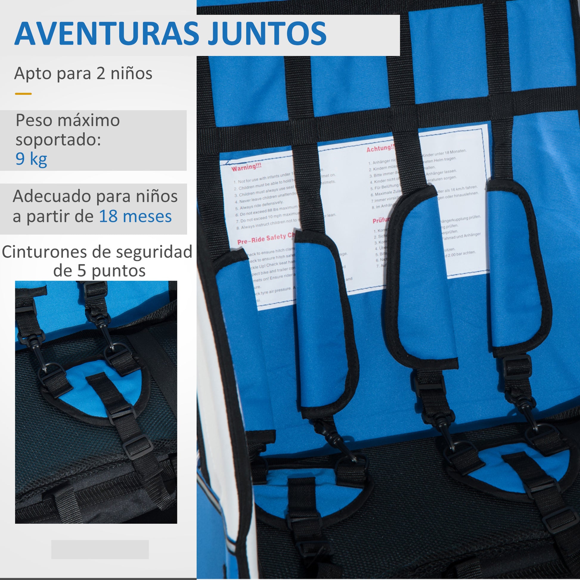 Reboque de Bicicleta para Crianças com 2 lugares e Roda 360º com Acoplamento Universal - Cinzento e Azul