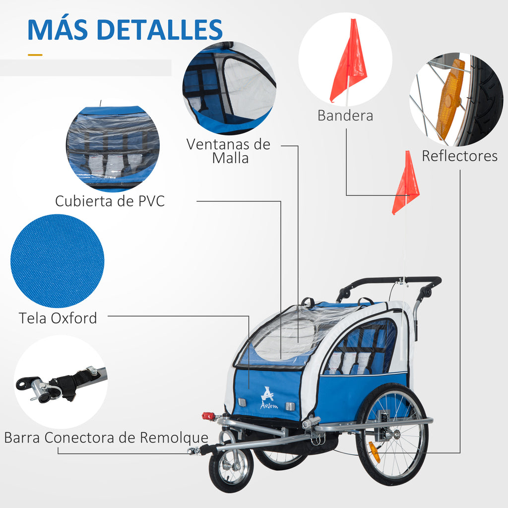 Reboque de Bicicleta para Crianças com 2 lugares e Roda 360º com Acoplamento Universal - Cinzento e Azul
