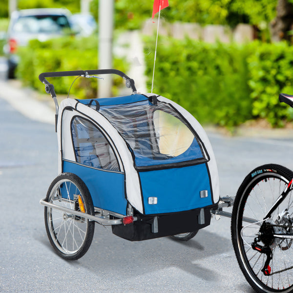 Reboque de Bicicleta para Crianças com 2 lugares e Roda 360º com Acoplamento Universal - Cinzento e Azul
