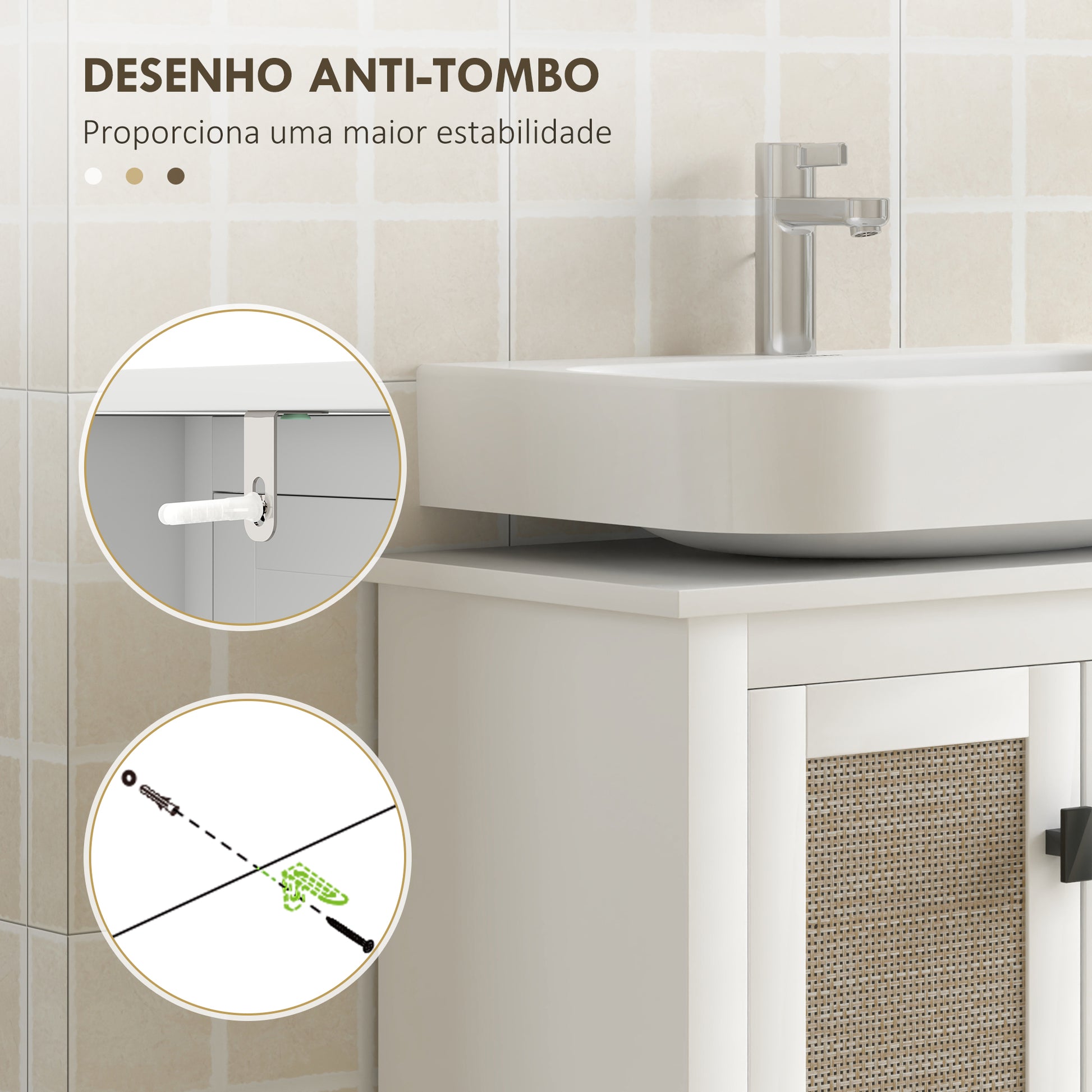Móvel para Lavatório Pousar Armário Casa de Banho com 2 Portas de Vime PE 2 Prateleiras e Sistema Anti-Tombo para Casa de Banho 60x30x30 cm Branco
