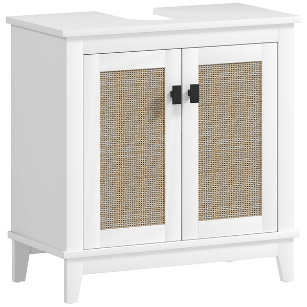 Móvel para Lavatório Pousar Armário Casa de Banho com 2 Portas de Vime PE 2 Prateleiras e Sistema Anti-Tombo para Casa de Banho 60x30x30 cm Branco