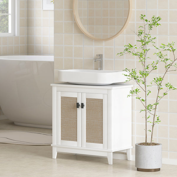 Móvel para Lavatório Pousar Armário Casa de Banho com 2 Portas de Vime PE 2 Prateleiras e Sistema Anti-Tombo para Casa de Banho 60x30x30 cm Branco