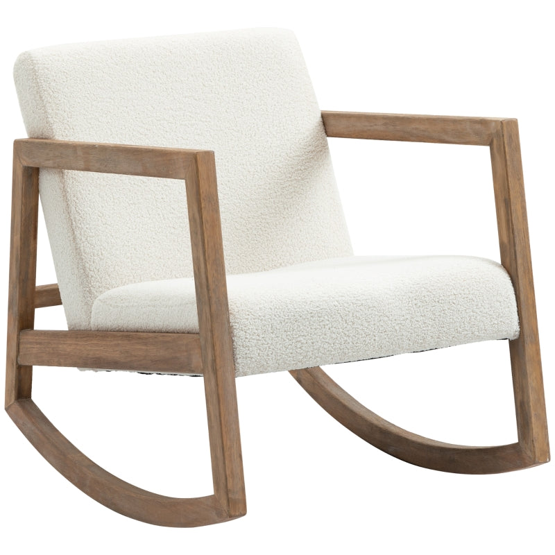 Poltrona Baloiço Estofada em Tecido Borreguito Poltrona Baloiço com Assento Acolchoado Apoio para os Braços e Pés de Madeira de Borracha para Sala de Estar Dormitório 60x81x71cm Creme