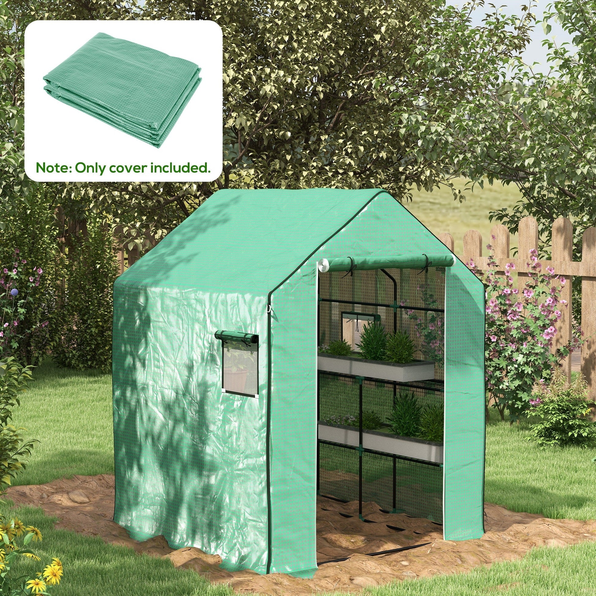 Cobertura de Substituição para Estufa – 140x143x190 cm – PE Reforçado com Janela e Porta com Fecho Éclair – Verde - A minha loja