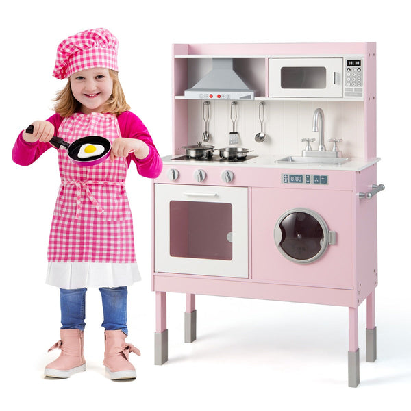 Cozinha de Brincar em Madeira para Crianças - Altura Ajustável, Luzes e Sons Reais, com Campânula, Forno, Micro-ondas e Acessórios - 3+ Anos