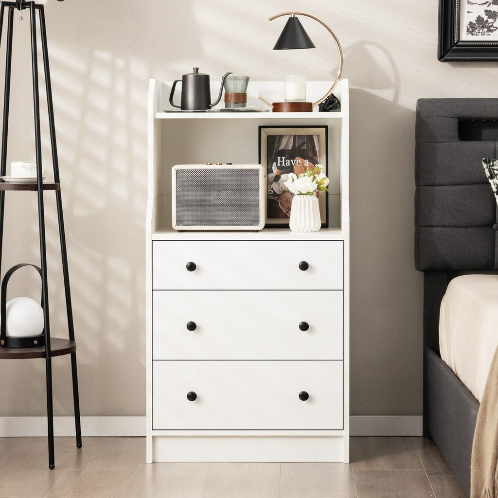 Cómoda Bianca com 3 Gavetas e Estantes Abertas – Modelo Bianca | 58x36x111 cm – Branco, Estilo Moderno para Quarto, Sala ou Entrada - A minha loja