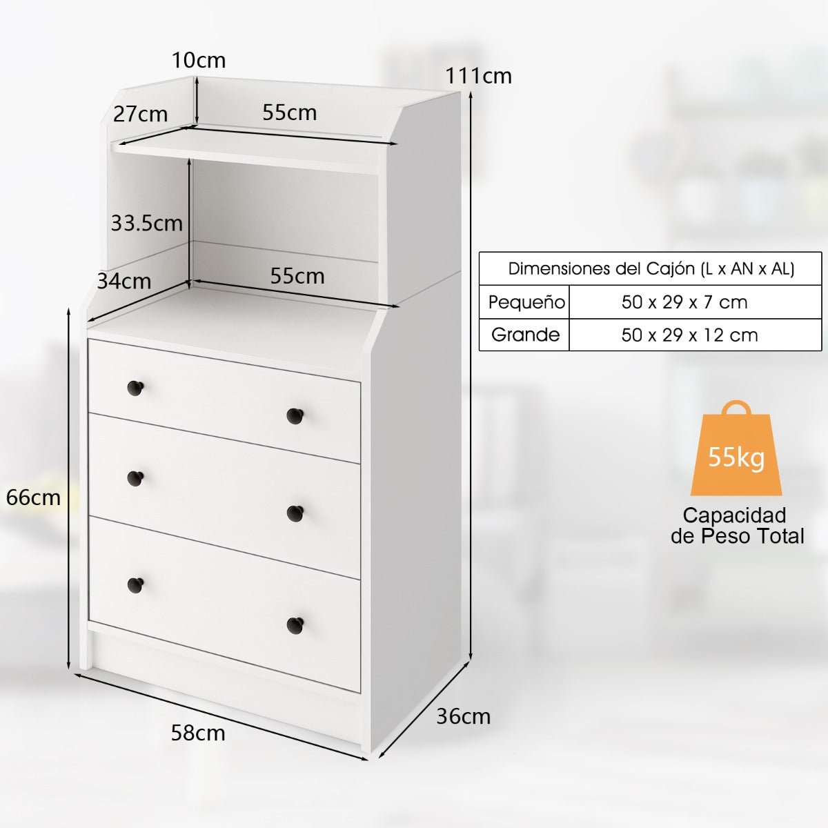 Cómoda Bianca com 3 Gavetas e Estantes Abertas – Modelo Bianca | 58x36x111 cm – Branco, Estilo Moderno para Quarto, Sala ou Entrada - A minha loja
