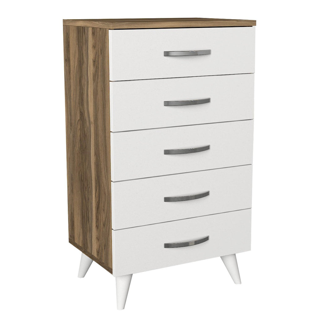 Cómoda / Camiseiro "Cemre" com 5 Gavetas – Branco e Nogueira – 50x37.5x87.6 cm – Design Moderno - A minha loja