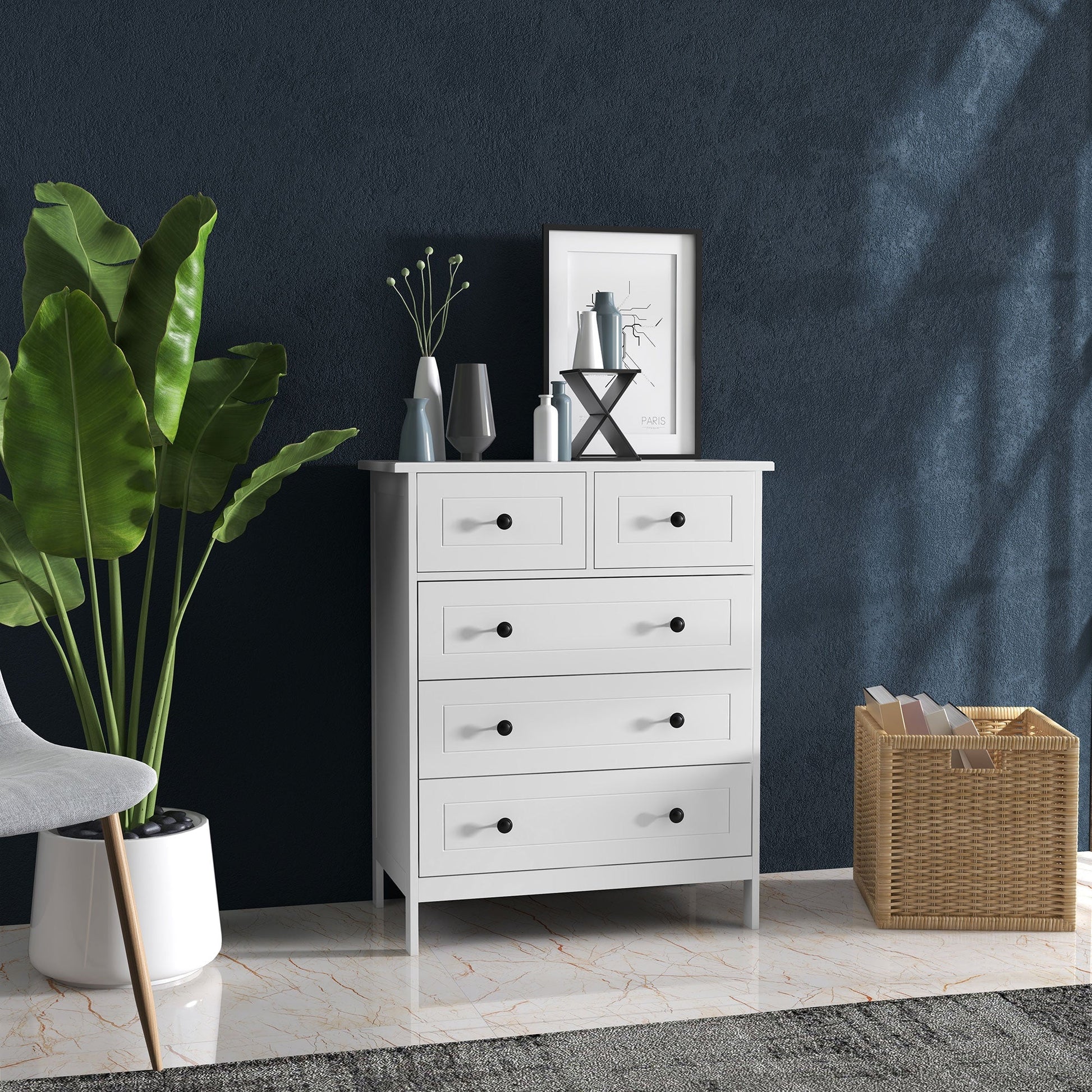 Cómoda de Dormitório Cómoda Branca com 5 Gavetas e Puxadores Cómoda Alta para Sala de Estar Estúdio Estilo Moderno 74x40x91 cm Branco - A minha loja
