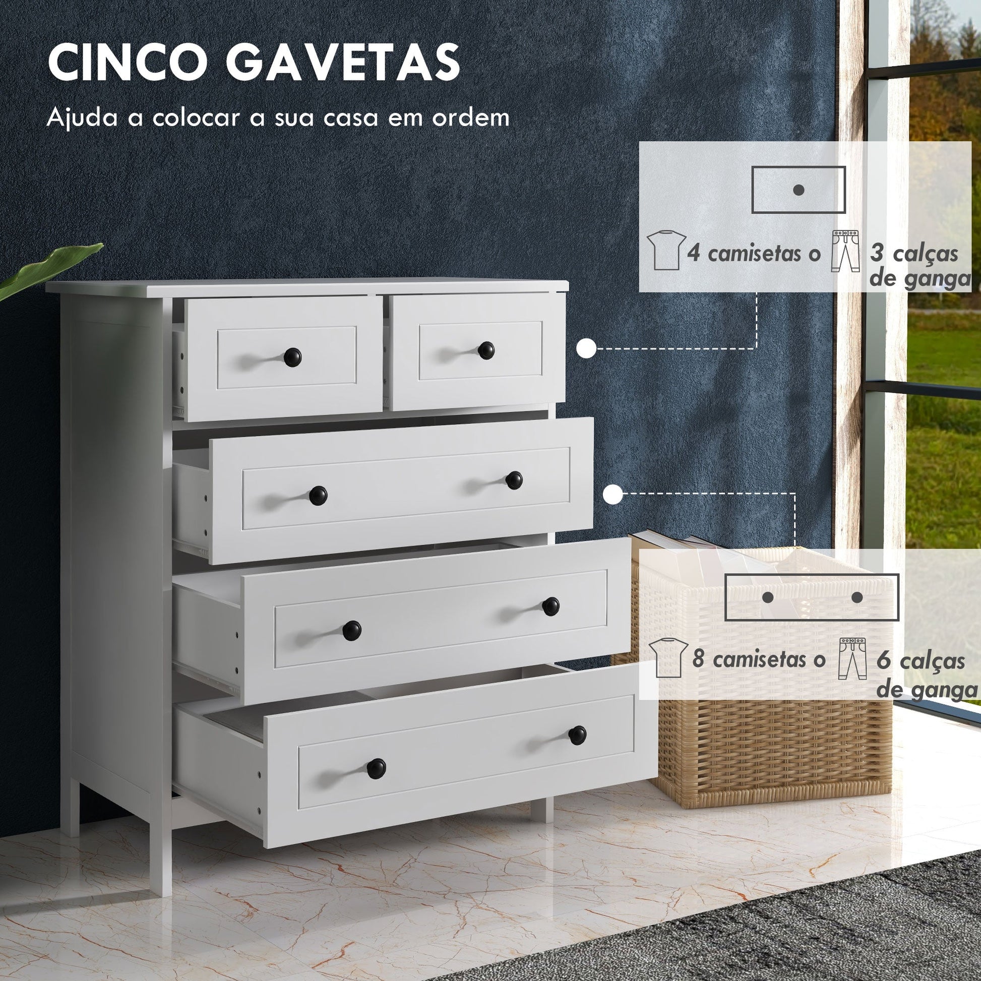 Cómoda de Dormitório Cómoda Branca com 5 Gavetas e Puxadores Cómoda Alta para Sala de Estar Estúdio Estilo Moderno 74x40x91 cm Branco - A minha loja