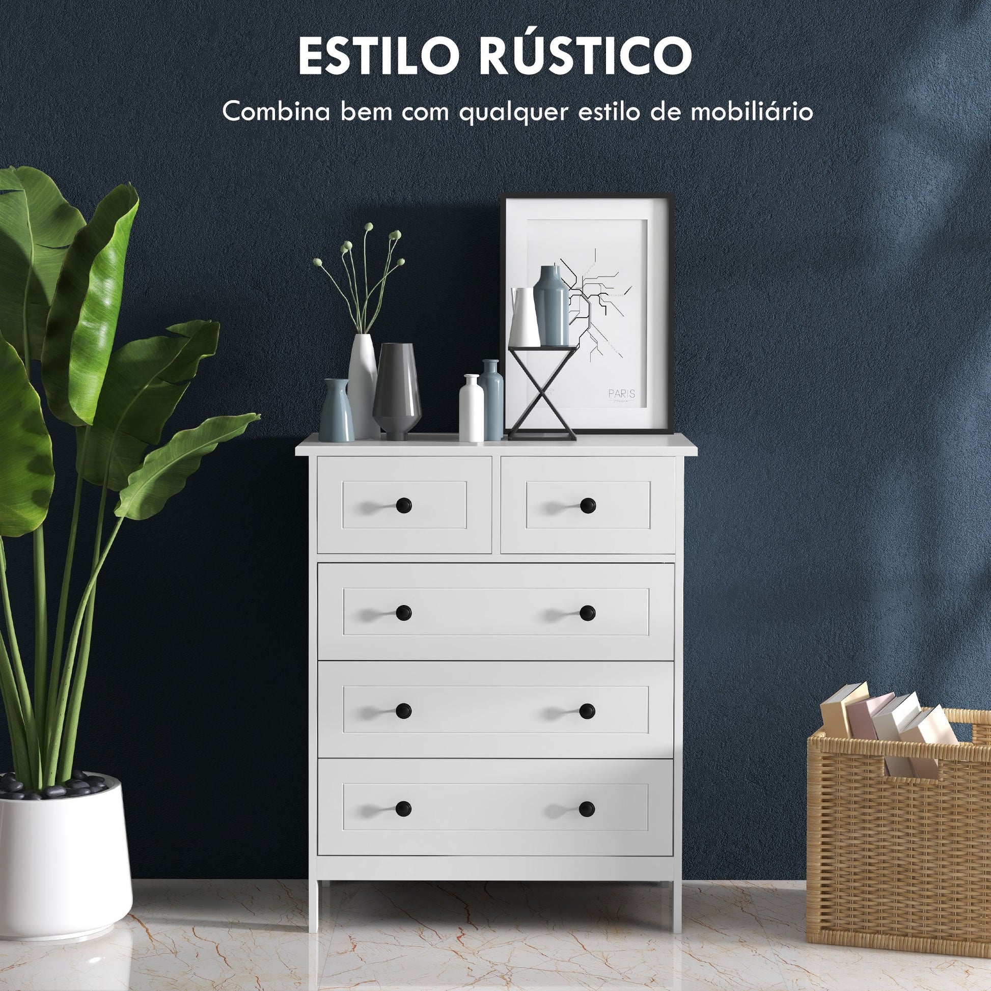 Cómoda de Dormitório Cómoda Branca com 5 Gavetas e Puxadores Cómoda Alta para Sala de Estar Estúdio Estilo Moderno 74x40x91 cm Branco - A minha loja