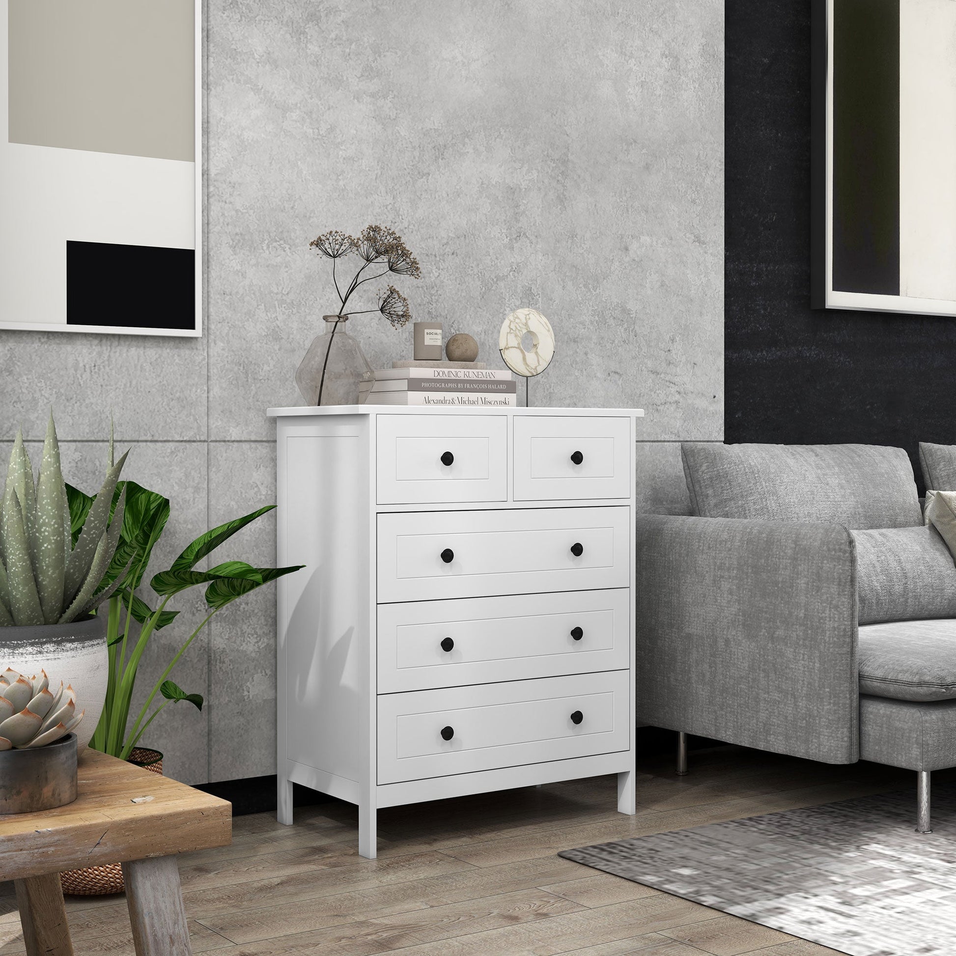 Cómoda de Dormitório Cómoda Branca com 5 Gavetas e Puxadores Cómoda Alta para Sala de Estar Estúdio Estilo Moderno 74x40x91 cm Branco - A minha loja