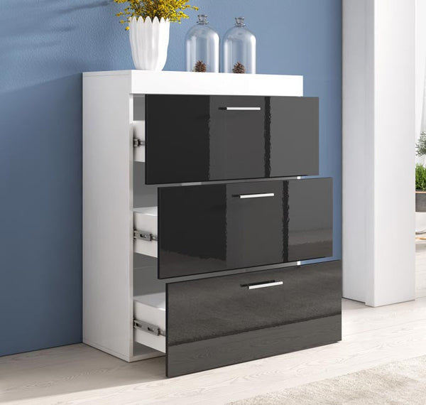 Cómoda "Dinora" - 75x99x36 cm - Branco/Preto Brilhante - Melamina - Design Moderno