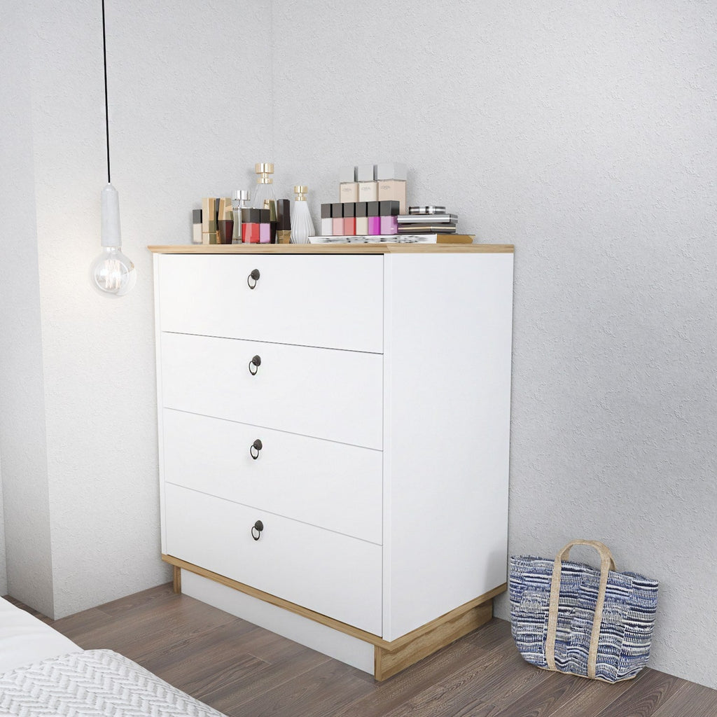 Cómoda "Elysian" de 4 Gavetas – Branco e Carvalho - 72x42x83.1 cm – Design Nórdico - A minha loja