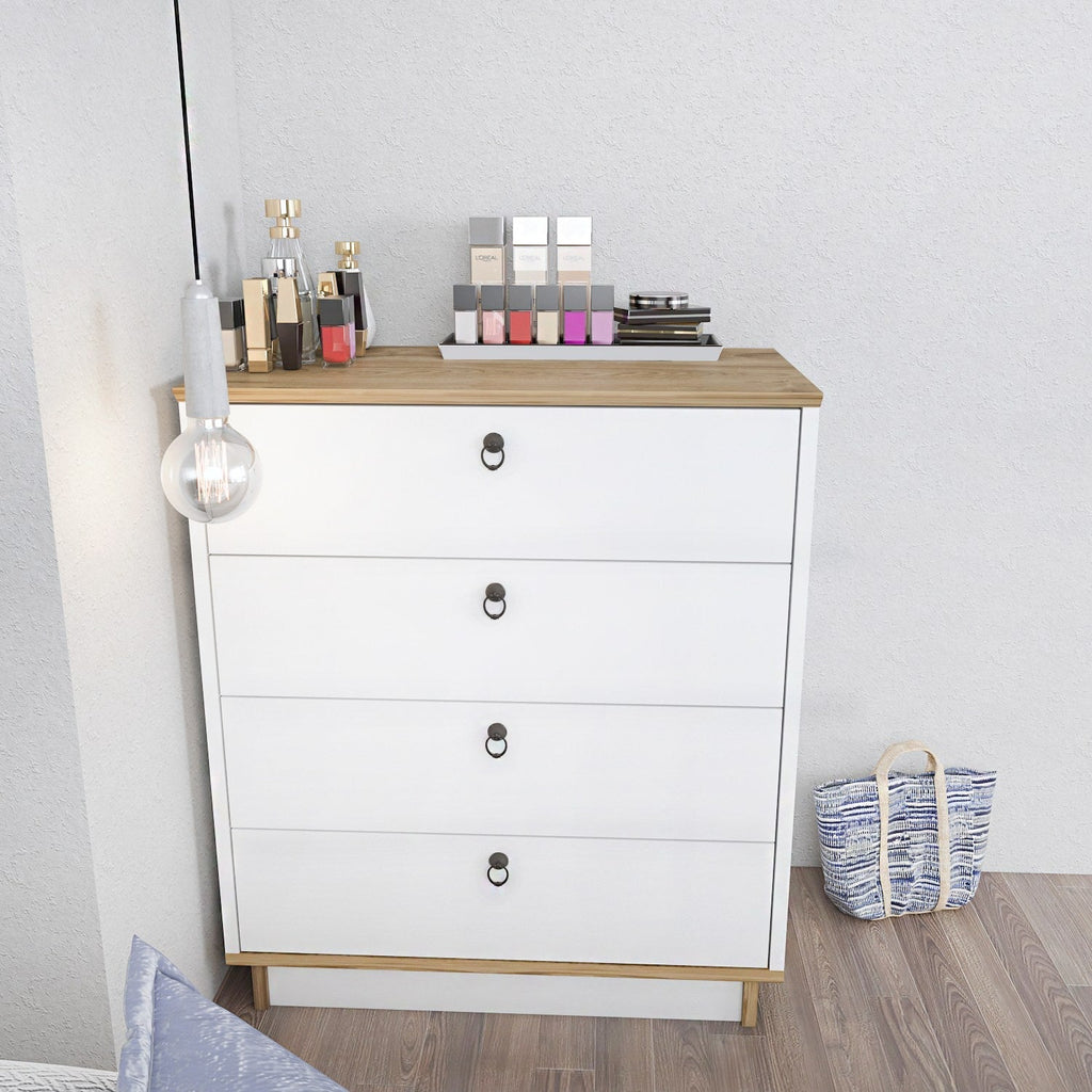 Cómoda "Elysian" de 4 Gavetas – Branco e Carvalho - 72x42x83.1 cm – Design Nórdico - A minha loja