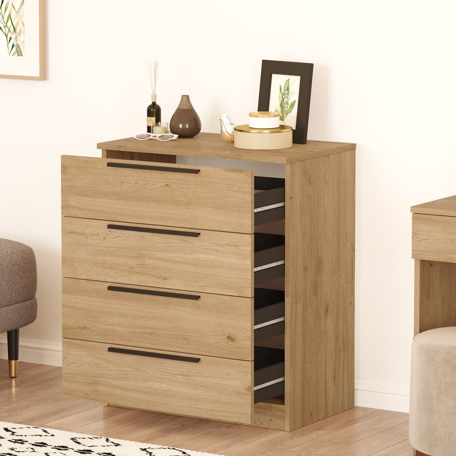 Cómoda Lorel de 4 Gavetas — 71,7x87,6x41,9 cm, Nogueira, Design Elegante - A minha loja