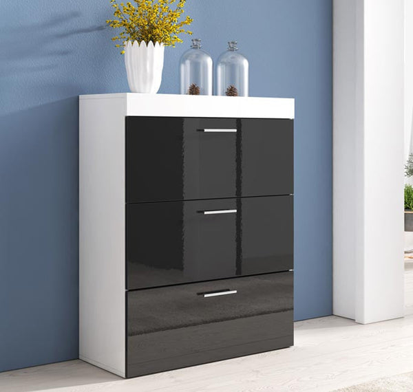 Cómoda "Dinora" - 75x99x36 cm - Branco/Preto Brilhante - Melamina - Design Moderno